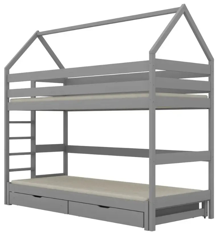 Łóżko piętrowe domek TOBI 1 160x80 szare drewniane z szufladami KOCOT KIDS