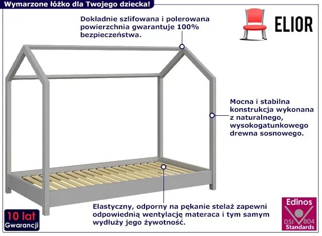 Szare łóżko dla chłopca typu domek 80x180 - Olaf