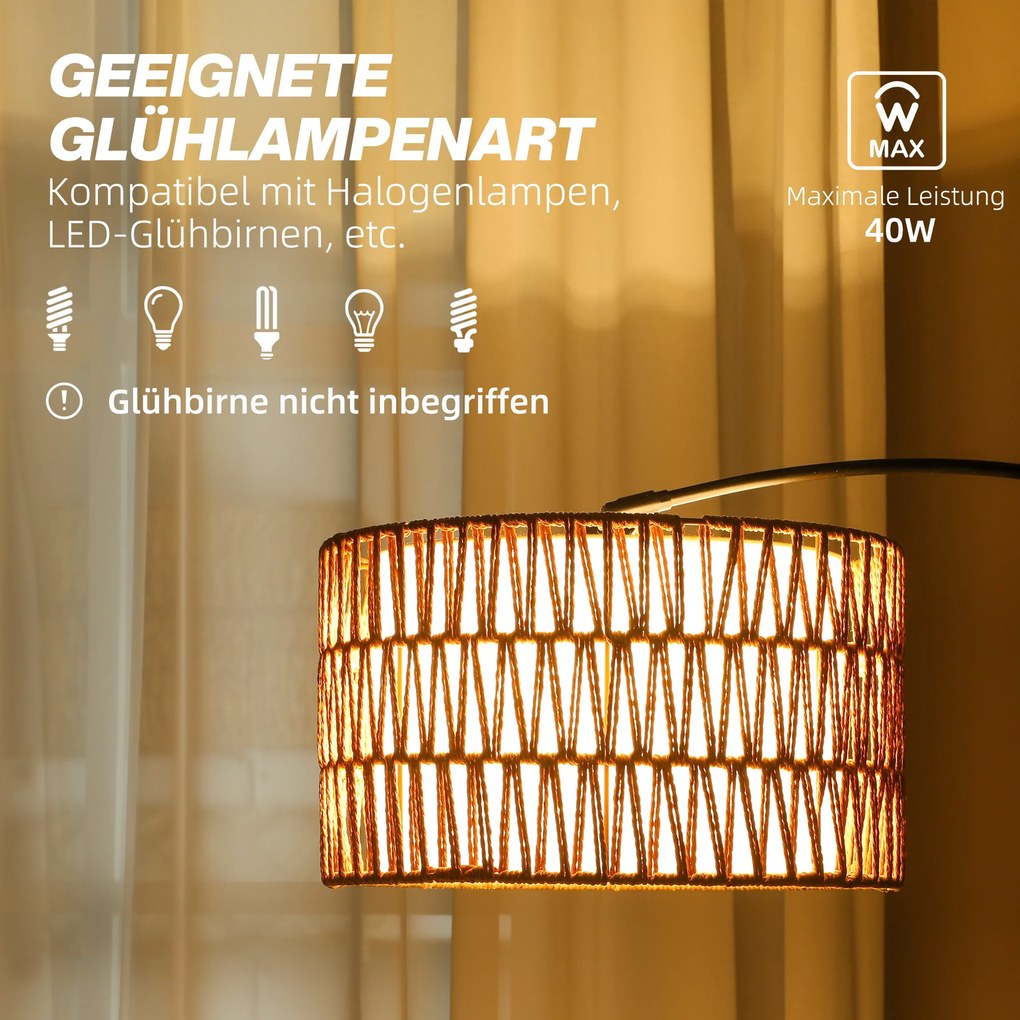 HOMCOM Lampa stojąca z abażurem z liny konopnej, regulowana wysokość, wyłącznik nożny, metal, czarna