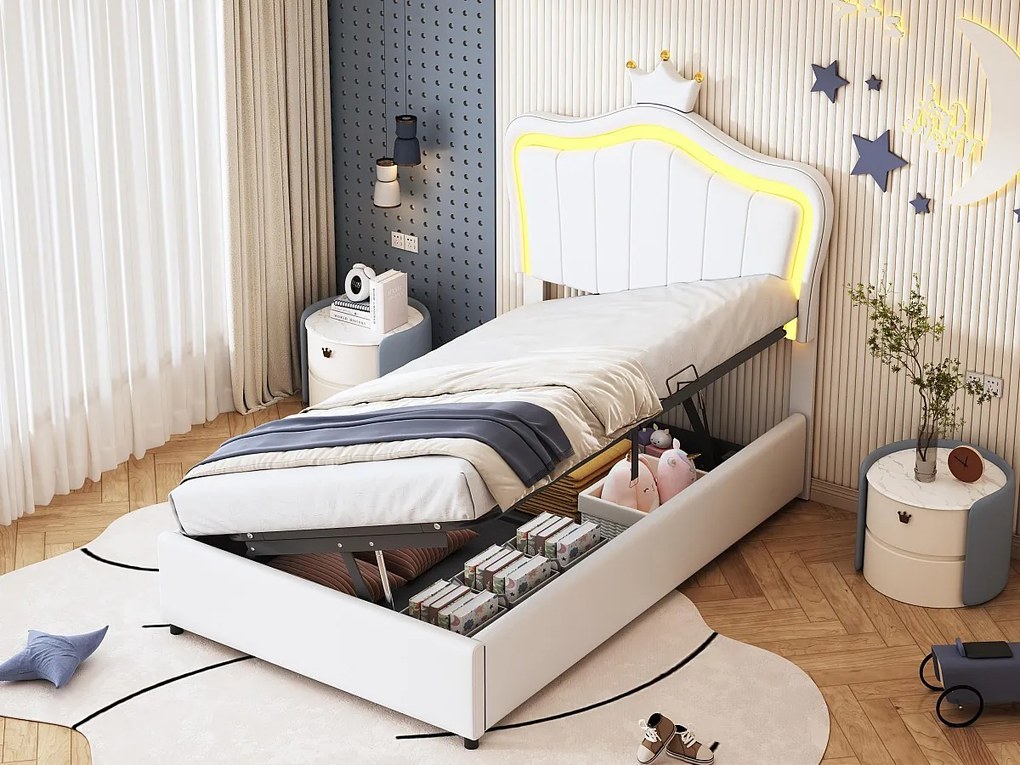 Łóżko tapicerowane z ekoskóry 90x200 cm - z LED i stelażem na listwy - Białe