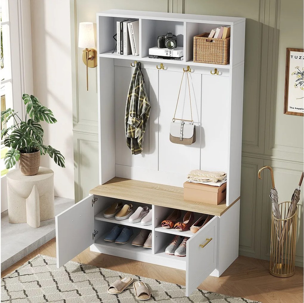 Zestaw szaf/szafek - 105 x 40 x 180 cm - z ławką + otwartą przestrzenią do przechowywania + 2 drzwi + 4 wieszaki - MDF + płyta wiórowa - biały