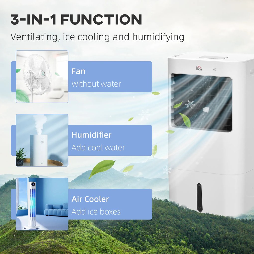 Klimatyzator HOMCOM, Chłodziarka, 3 Tryby, Funkcja Timera, na Kółkach, Plastik, Biały