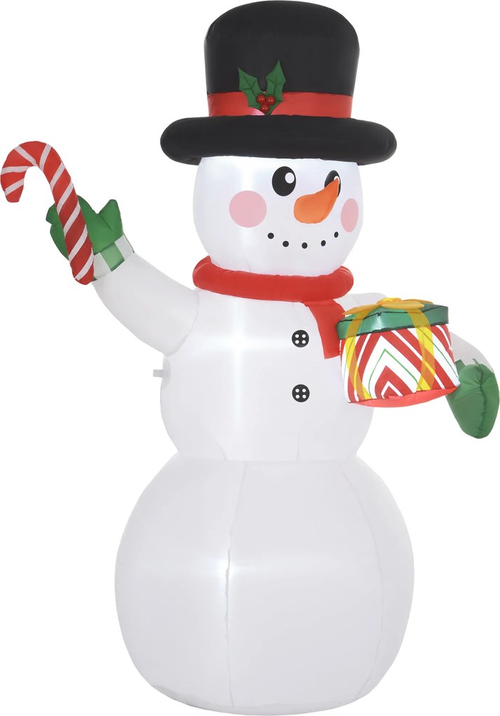 Outsunny 1,8 m Bałwan z Laską Cukrową &amp; Prezentem, Samonadmuchiwany, z LEDami, Odporny na Warunki Pogodowe
