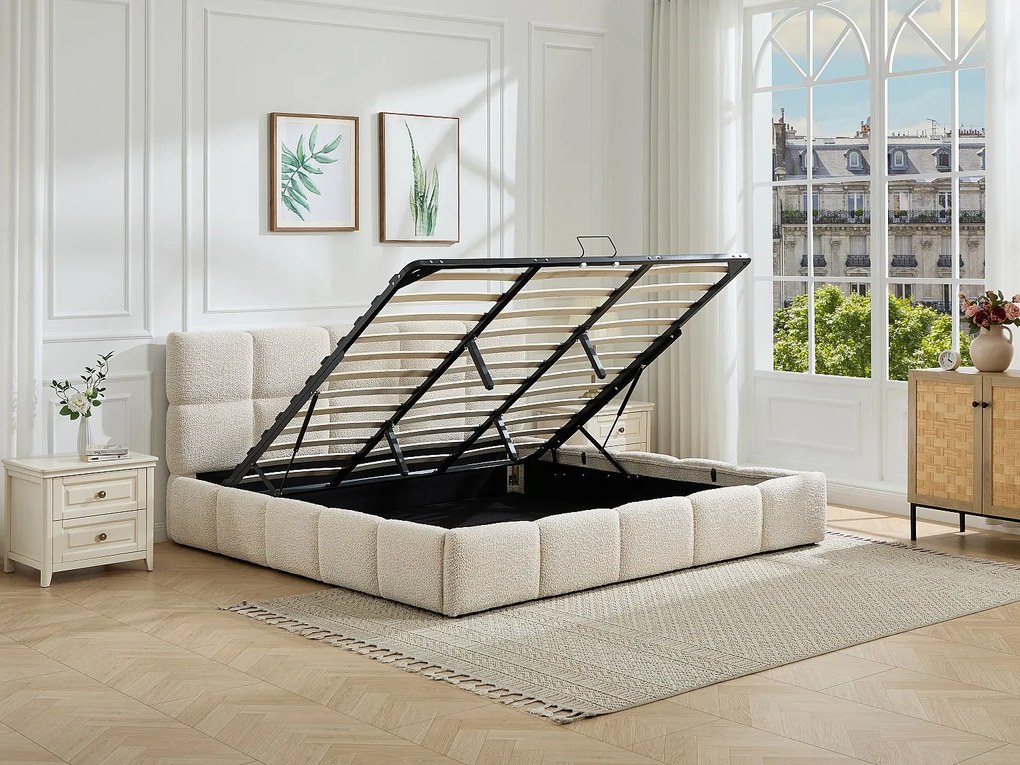 Łóżko ze skrzynią 180 x 200 cm – Tkanina z bukli – Beżowy + Materac - DILUDO