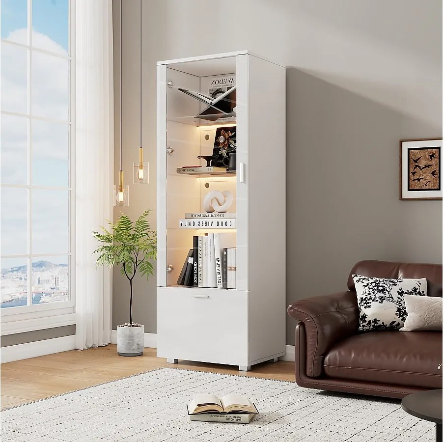 Witryna błyszcząca z drzwiami akrylowymi - 50 x 40 x 160 cm - z diodami LED + 3 półki - akryl + płyta wiórowa - biała