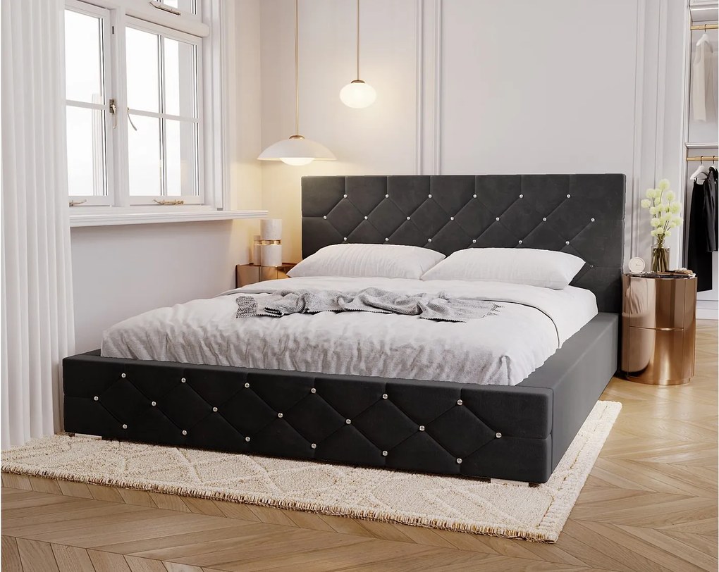 Emporius Solar łóżko tapicerowane 180x200 cm - eleganckie łóżko w stylu glamour - kryształki, pojemnik i stelaż, tkanina aksamitna, czarny (Magic Velvet 2219)