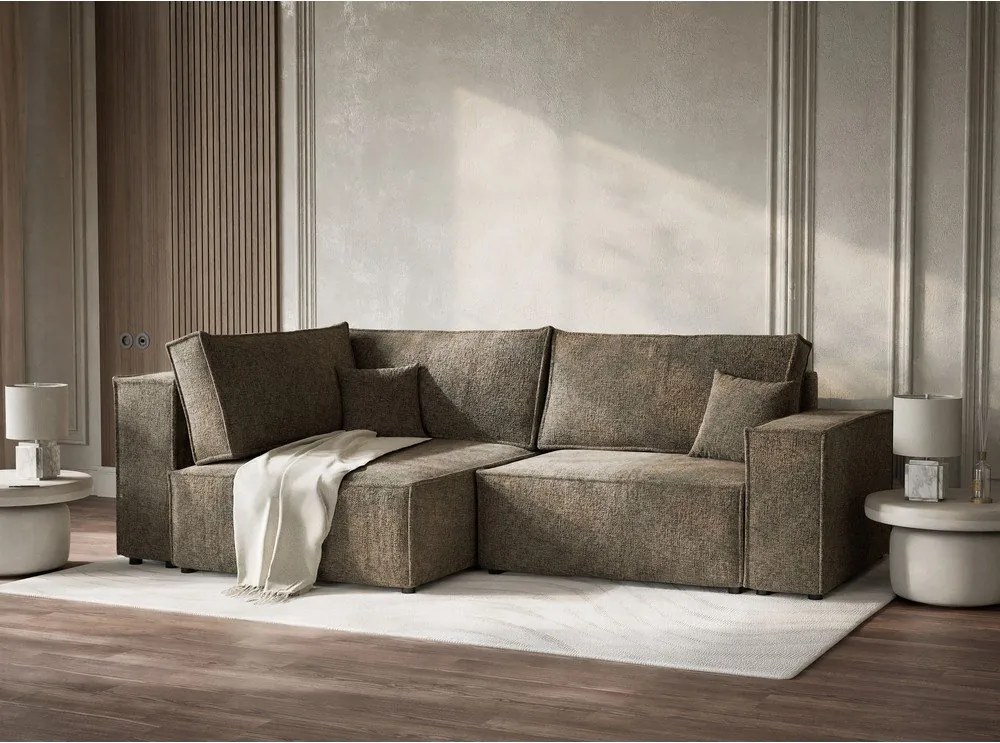 Brązowy rozkładany narożnik ze schowkiem z tkaniny szenilowej (lewostronny/w kształcie litery L) Tonga – Maison de Rêve