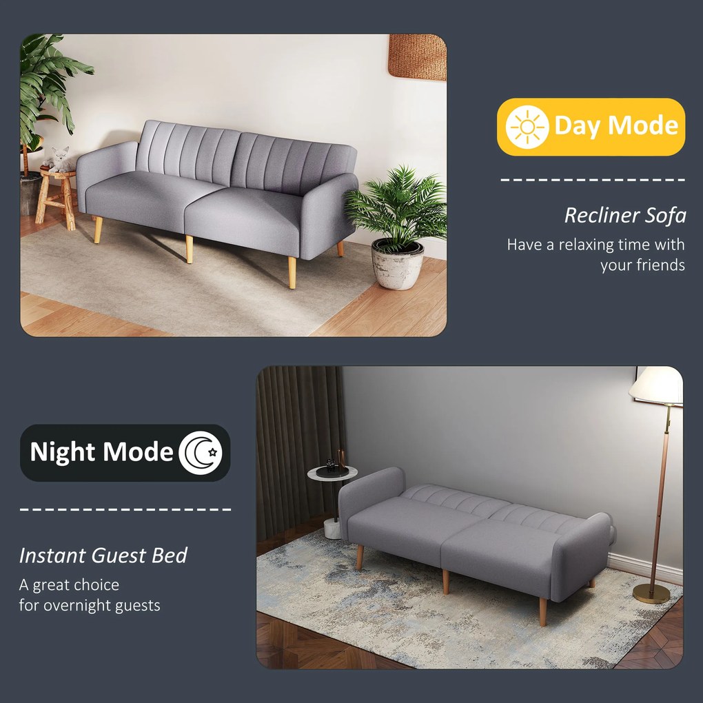 HOMCOM Sofa do spania, dwuosobowa sofa materiałowa, z funkcją spania, polyester stylizowany na len, drewno kauczukowe, 173 x 75 x 73 cm, szara