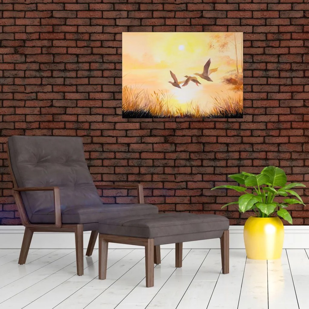 Obraz na szkle - Żurawie o zachodzie słońca (70x50 cm)