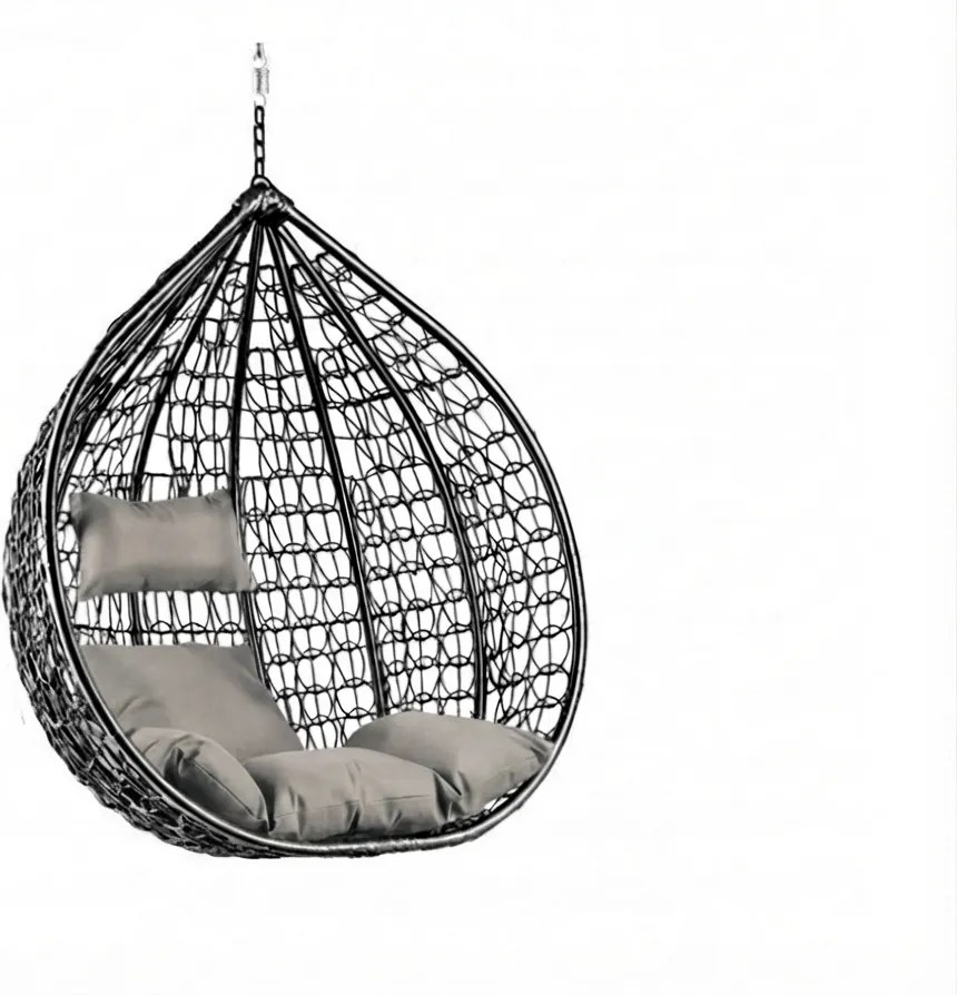 Czarne wiszące krzesło KOKON bez stojaka, jasna poduszka