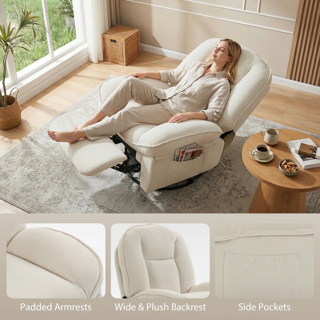 HOMCOM Fotel Relaksacyjny, Obracany Fotel z Funkcją Kołysania i Rozkładania, Głębokie Siedzisko, Grube Oparcie, Łatwy Montaż, Kremowy | Aosom PL