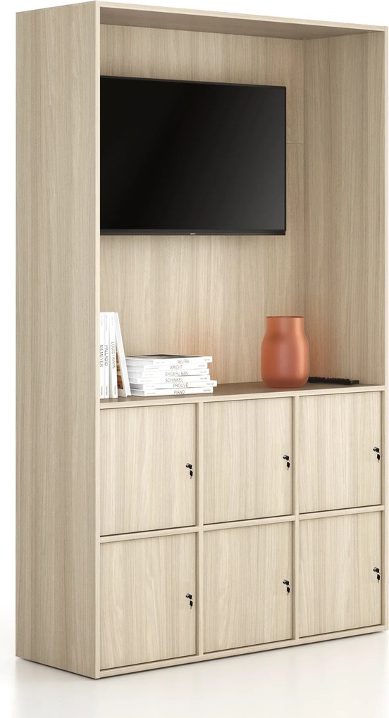 Szafka biurowa FRAME, 6x drzwi, z wnęką, 1299 x 450 x 2162 mm, zamek cylindryczny, dąb naturalny