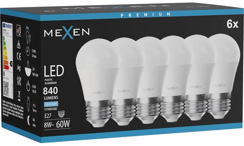 Mexen Nova 6x żarówka LED E27, G45, 8W, Zimna - 6500K, 840 lm - L101-E27-0865-01x06