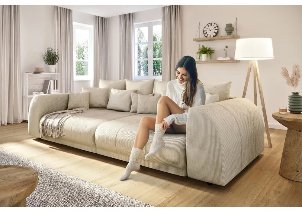 Kremowa sztruksowa rozkładana sofa 310 cm Vanessa – Ropez