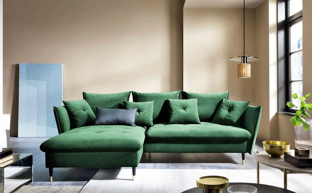 Zielony welurowy narożnik z funkcją spania butelkowa zieleń D6-G55