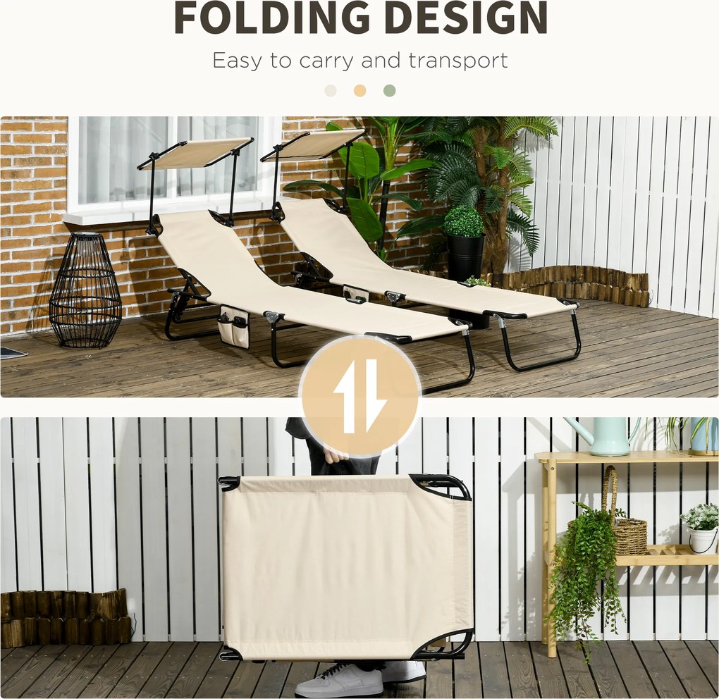 Outsunny Zestaw 2 leżaków składanych z daszkiem przeciwsłonecznym, 5-stopniowa regulacja oparcia, brązowe | Aosom PL