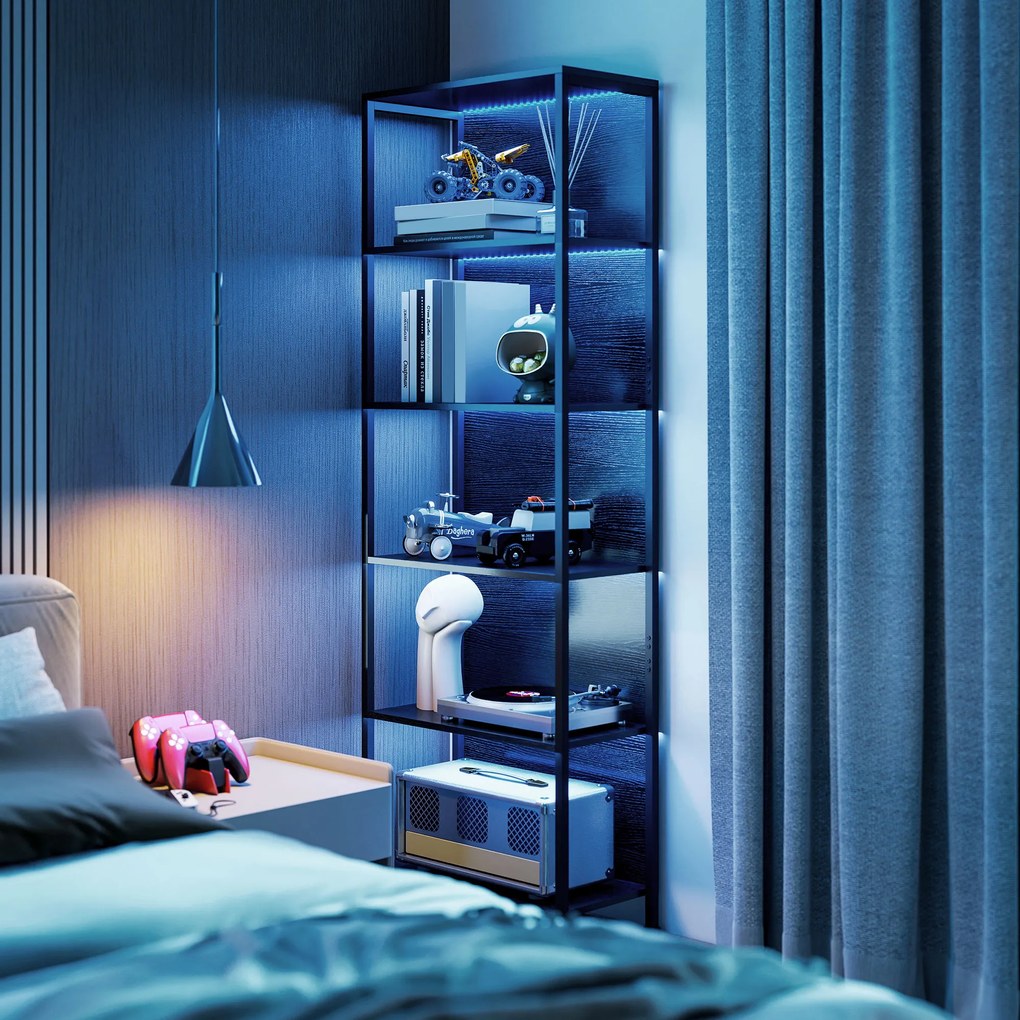 HOMCOM Regał z 5 półkami z LED, 7 kolorów światła, do salonu, 60 x 30 x 179 cm, czarny | Aosom PL