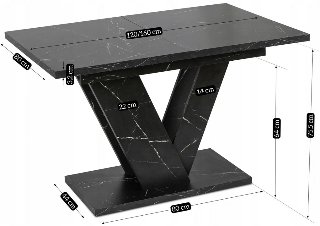 Stół Prostokątny Rozkładany CLARK 120-160 cm Czarny Marmur Glamour