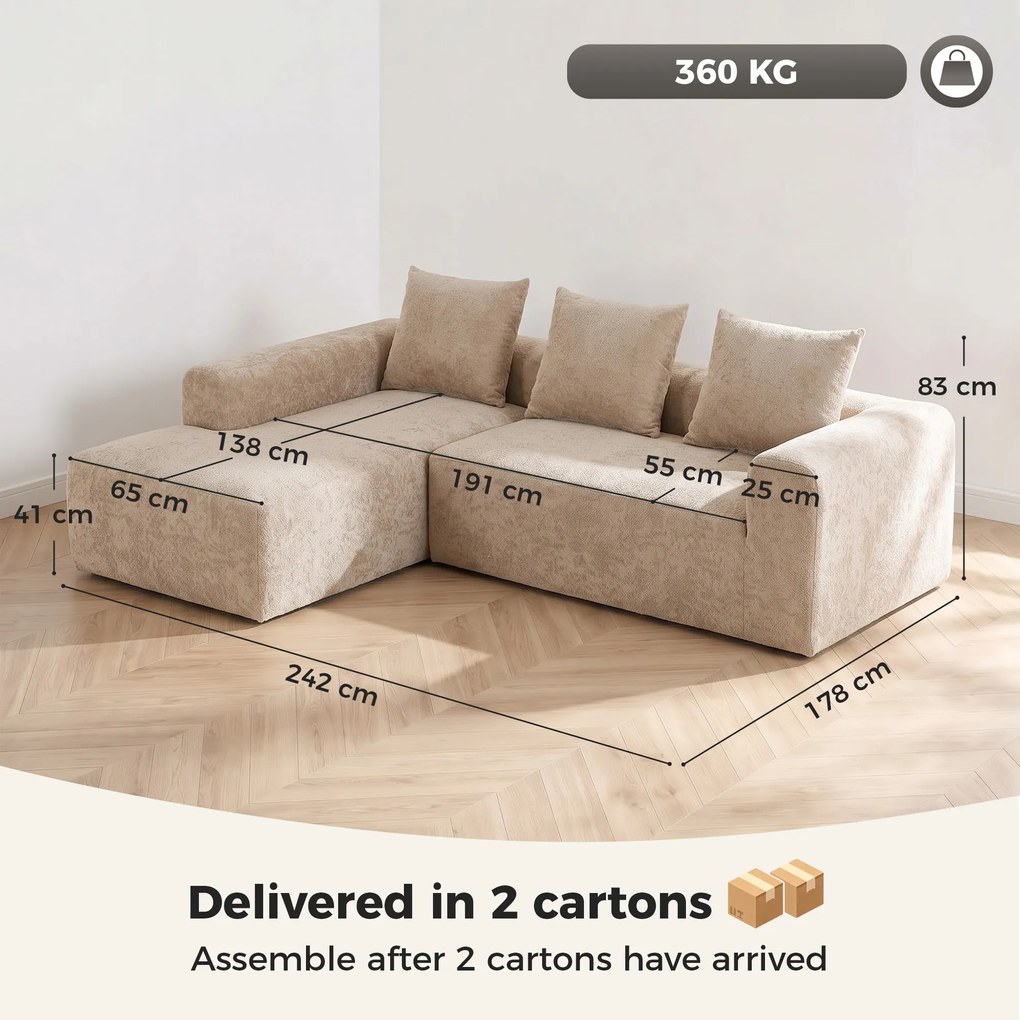 HOMCOM Narożnik z szezlongiem, bezramowa sofa w kształcie L z chenille, głębokie siedzisko, sprężyny kieszeniowe, beżowy | Aosom PL