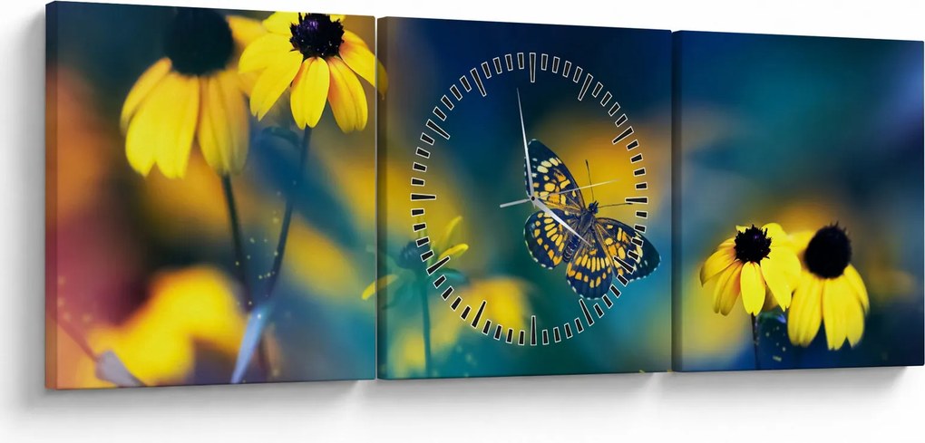 Obraz - Żółty motyl z kwiatami (z zegarem) (90x30 cm)