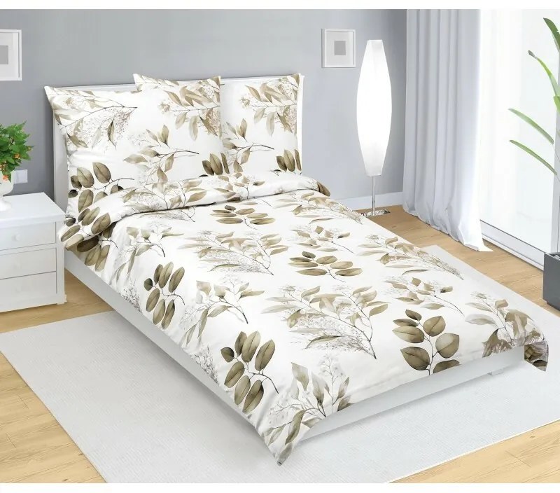 Bellatex Pościel satynowa Liście brązowy, 140 x 200 cm, 70 x 90 cm, 140 x 200 cm, 70 x 90 cm