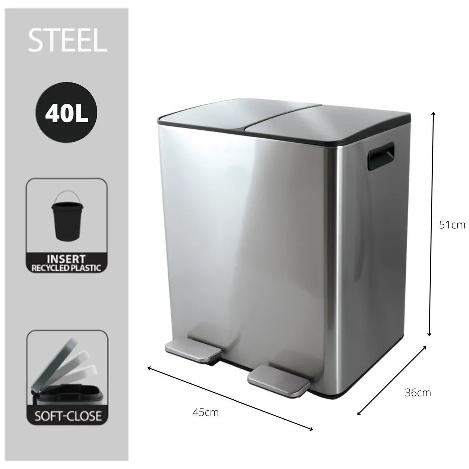 Stalowy kosz na śmieci 2x20 l do segregacji odpadów/z pedałem w kolorze matowego srebra Aliya – Spirella