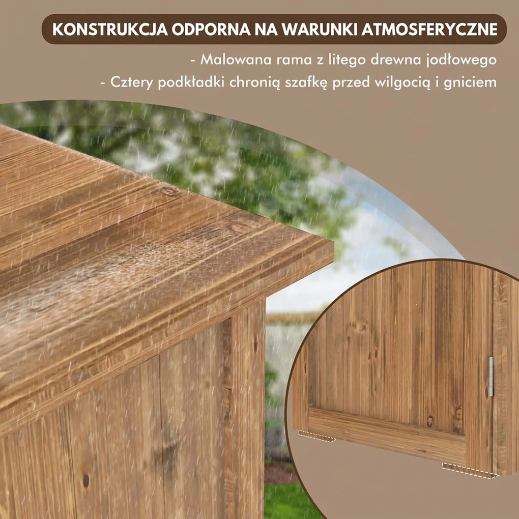 Outsunny Szafka na Narzędzia Ogrodowe z Podwójnymi Drzwiami, Zamknięcie Magnetyczne, Odporna na Warunki Pogodowe, Drewno Naturalne, 77S x 55G x 72W cm, Brązowy