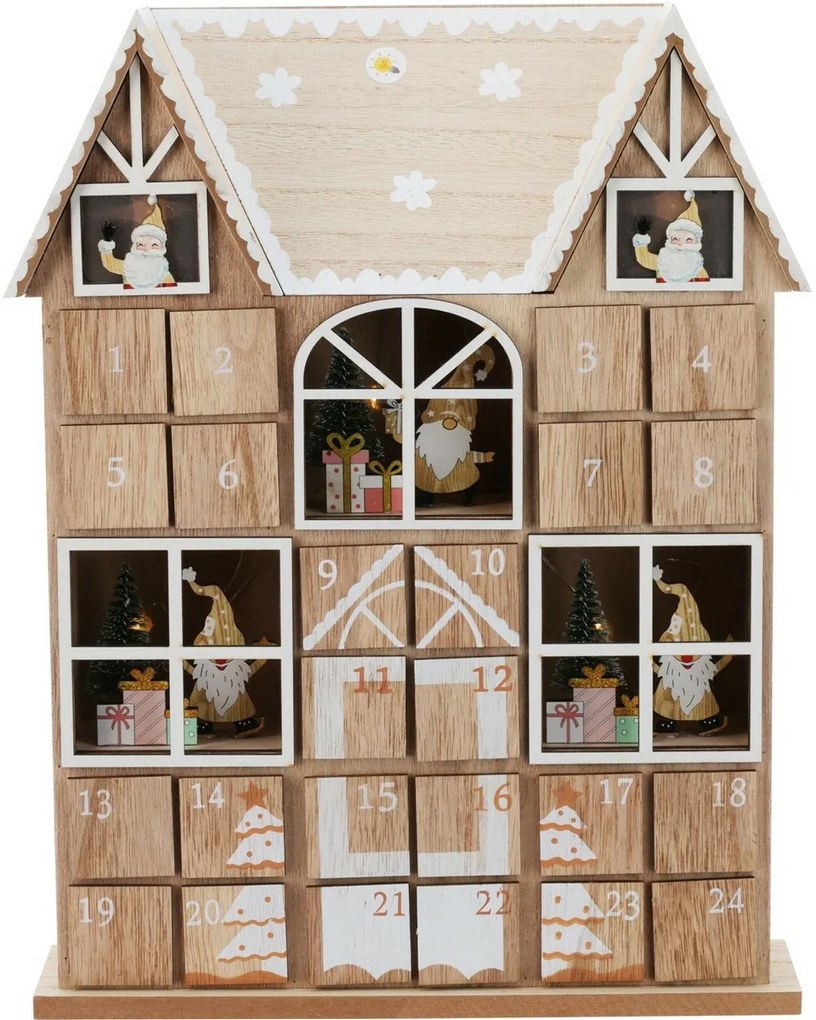 Kalendarz adwentowy z lampkami LED Santa´s house brązowy, 29 x 7 x 37 cm