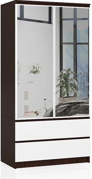 Szafa AKORD S90 Wenge 90 cm z lustrem 2 drzwi 2 szuflady kolor Biały mat 4 półki 90x51x180 cm