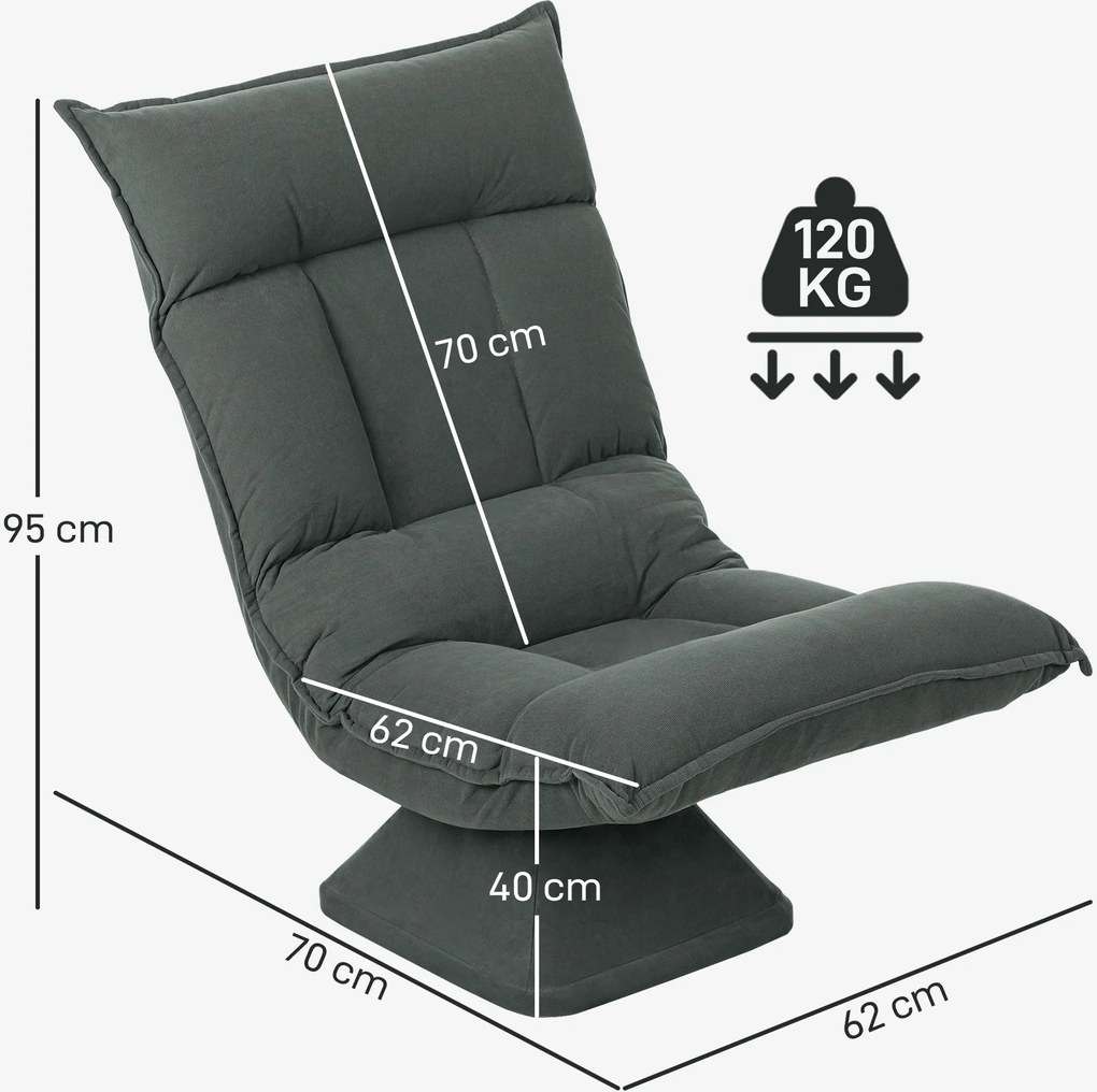 HOMCOM Krzesło podłogowe z pięciostopniową regulacją oparcia, obrotowe, nowoczesne krzesło tapicerowane, Ciemnoszary