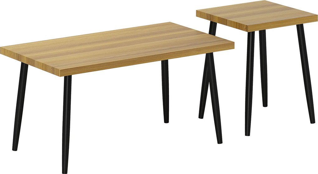 HOMCOM Zestaw 2 Stolików Kawowych, Duży i Mały Stolik z Ramą Metalową i Blatem Drewnianym, Elastyczne Stoliki Kawowe, Drewno Naturalne