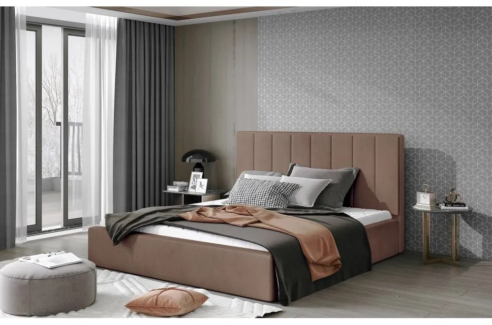 Brązowe tapicerowane łóżko dwuosobowe ze schowkiem ze stelażem 200x200 cm Audrey – ELTAP