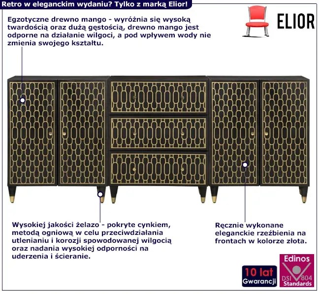 Czarna długa komoda w stylu retro - Rebex 12X