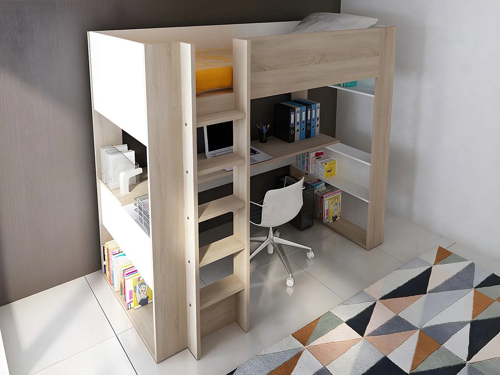 Łóżko antresola z biurkiem i półkami – 90 × 200 cm - Biały i dębowy + materac - NOAH II