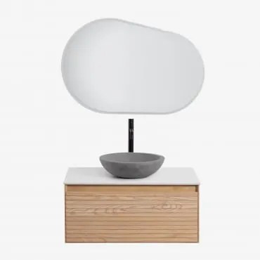 Zestaw Wiszących Mebli Łazienkowych Z Drewna Jesionowego Tedrik Popielaty Brąz & Okrągły Szary Cement Ø40 Cm - Sklum