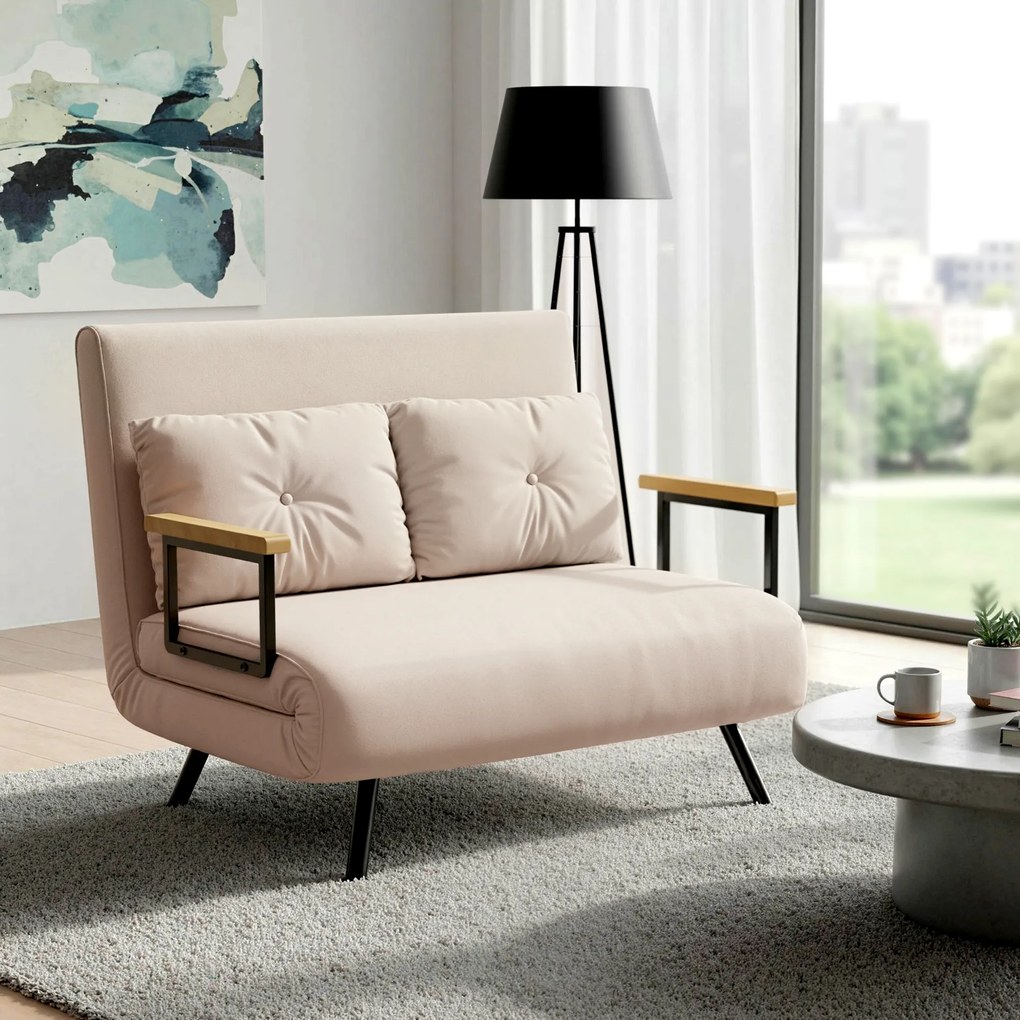 HOMCOM Sofa 2 osobowa z funkcją spania aksamitna z 2 poduszkami w kolorze naturalnym beżowym czarnym | Aosom PL