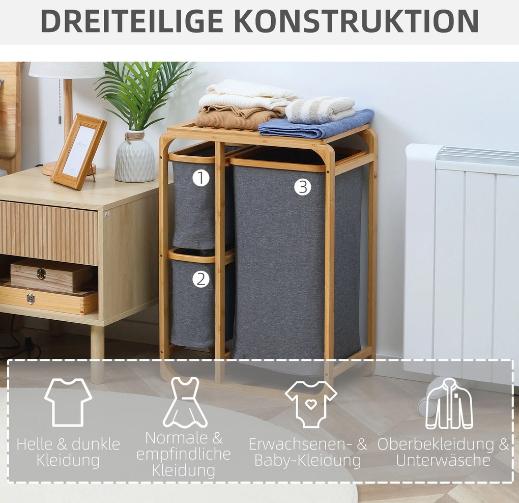 HOMCOM Kosz na Pranie z Bambusa 3 Wyjmowane Kosze Naturalny Szary 50x32x697cm | Aosom PL