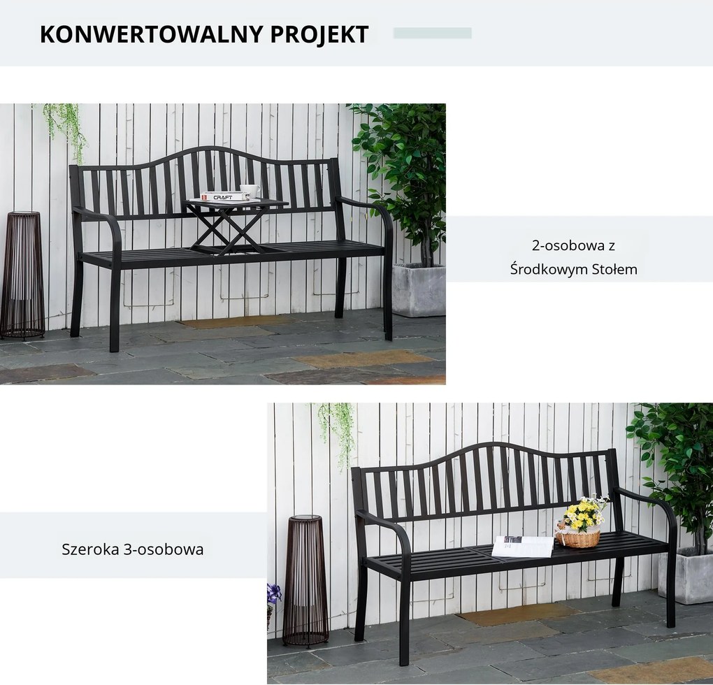 Outsunny Ławka Ogrodowa z Rozkładanym Stołem Metalowa Czarna Elegancka i Funkcjonalna 150x585x90cm | Aosom PL