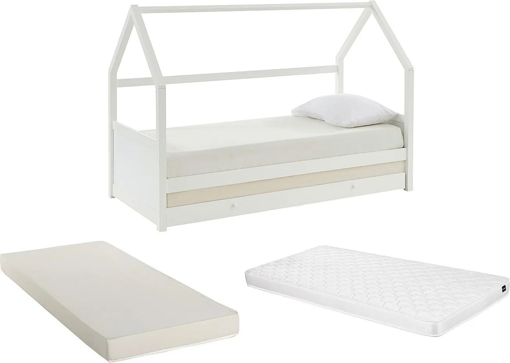Łóżko wysuwane domek 2 szuflady 2 x 90 x 190 cm – Drewno sosnowe – Białe + Materac – HURRA