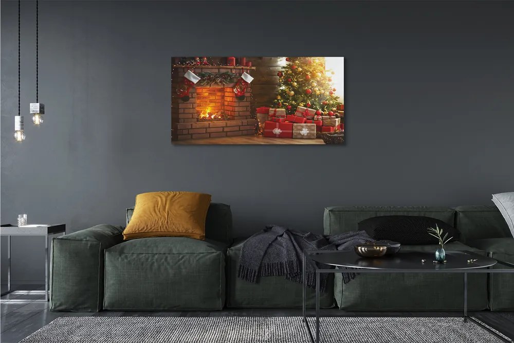 Obraz drukowany na płótnie Świąteczny Kominek z Choinką i Prezentami