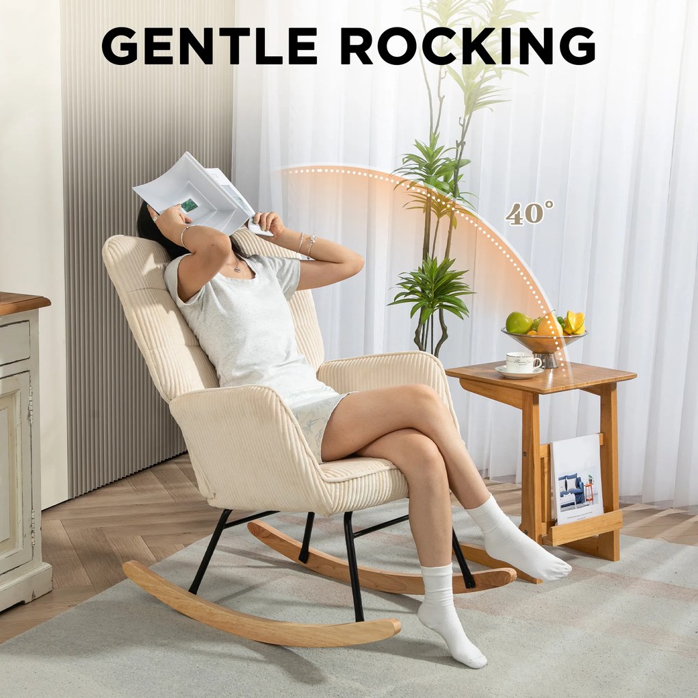 HOMCOM Vintage Fotel Huśtawkowy, Zakrzywione Płózki, Gruba Wyściółka, Buk i Stal, Beżowy