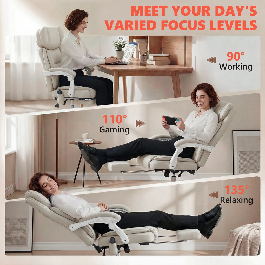 HOMCOM Wysokie krzesło biurowe z masażem wibracyjnym i podgrzewaniem, ergonomiczne, regulowane, z podnóżkiem, kremowobiały | Aosom PL
