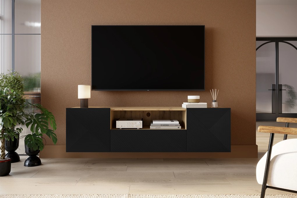 Szafka RTV Asha 167 cm wisząca z szufladą i wnęką - artisan / czarny mat