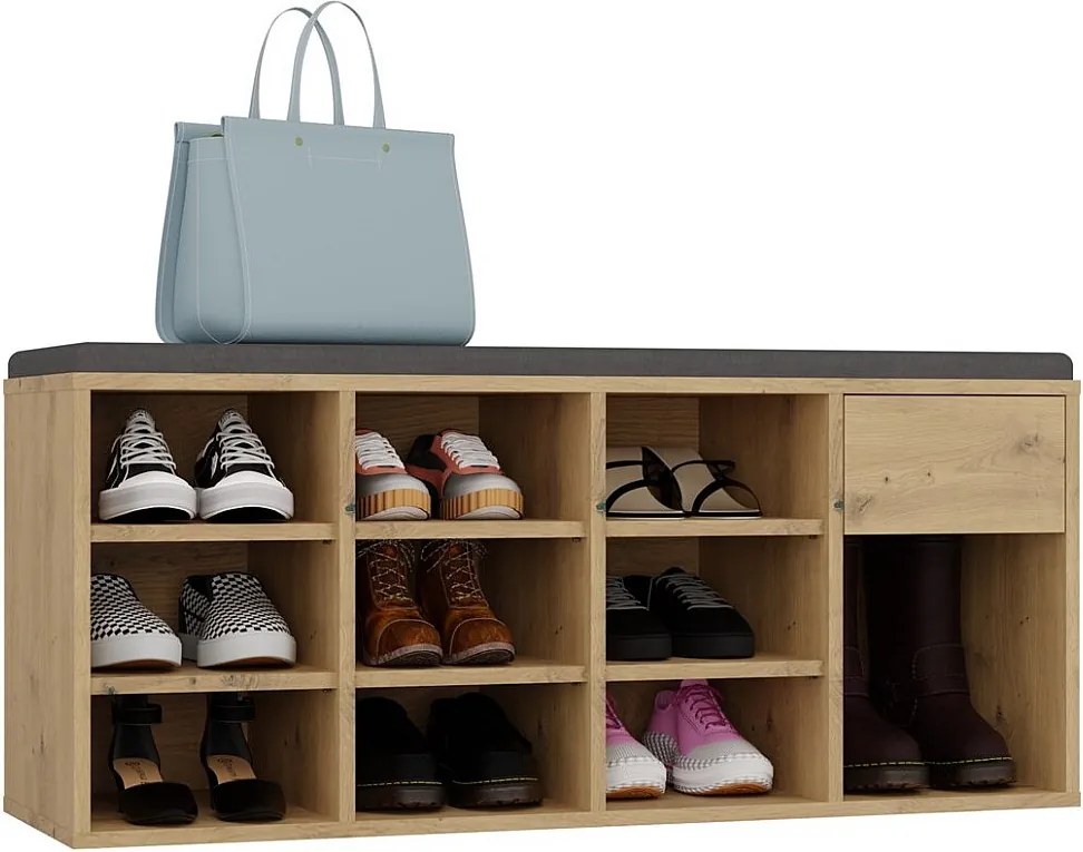 TALLIN Szafka na buty z siedziskiem i szufladą | 110x35x49 cm | Dąb Artisan |Przedpokój, Siedzisko