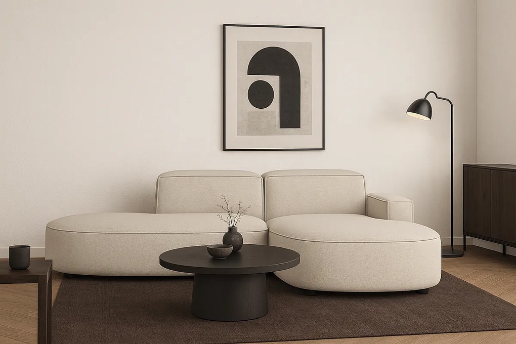 Narożnik modułowy CURSAL G prawostronny 271×166×73 cm – kremowy  Raven 24, zaokrąglone leżanki, wolnostojący