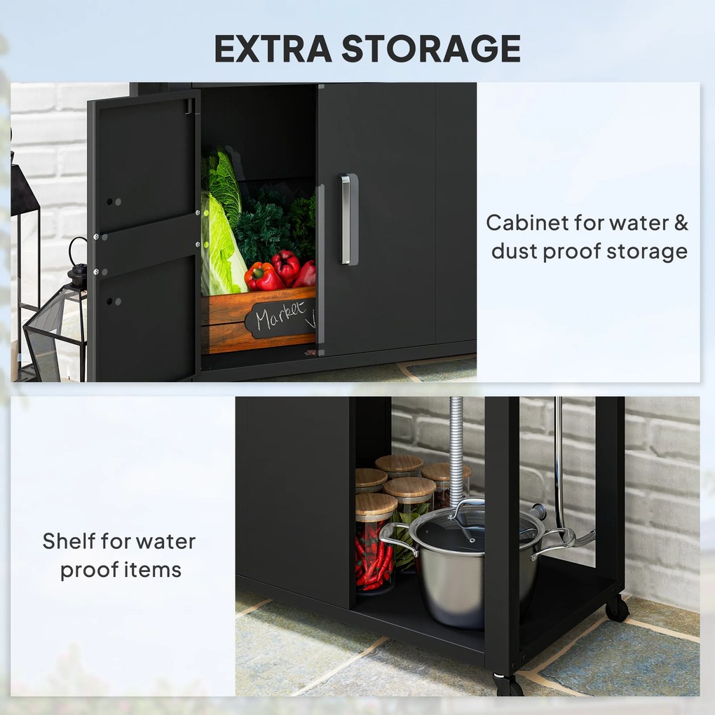 Outsunny Wózek Grillowy z Blatem Roboczym, Składaną Półką, Szafką, Zlewem i Kołami, Stal 162,5x47x87cm Czarny