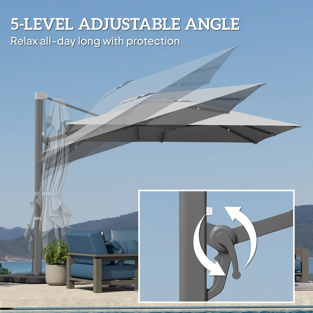 Outsunny Aluminiowy Parasol Ogrodowy 3 x 3 m Obrotowy o 360° z Korbą Stojak Wodoodporny Jasnoszary