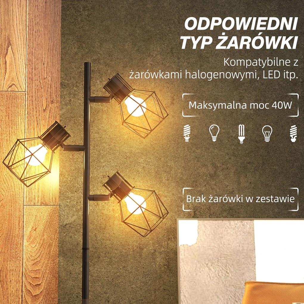 HOMCOM Lampa stojąca z 3 regulowanymi elementami oświetleniowymi, struktura przypominająca drzewo, do salonu i sypialni, metal, Kolor Czarny