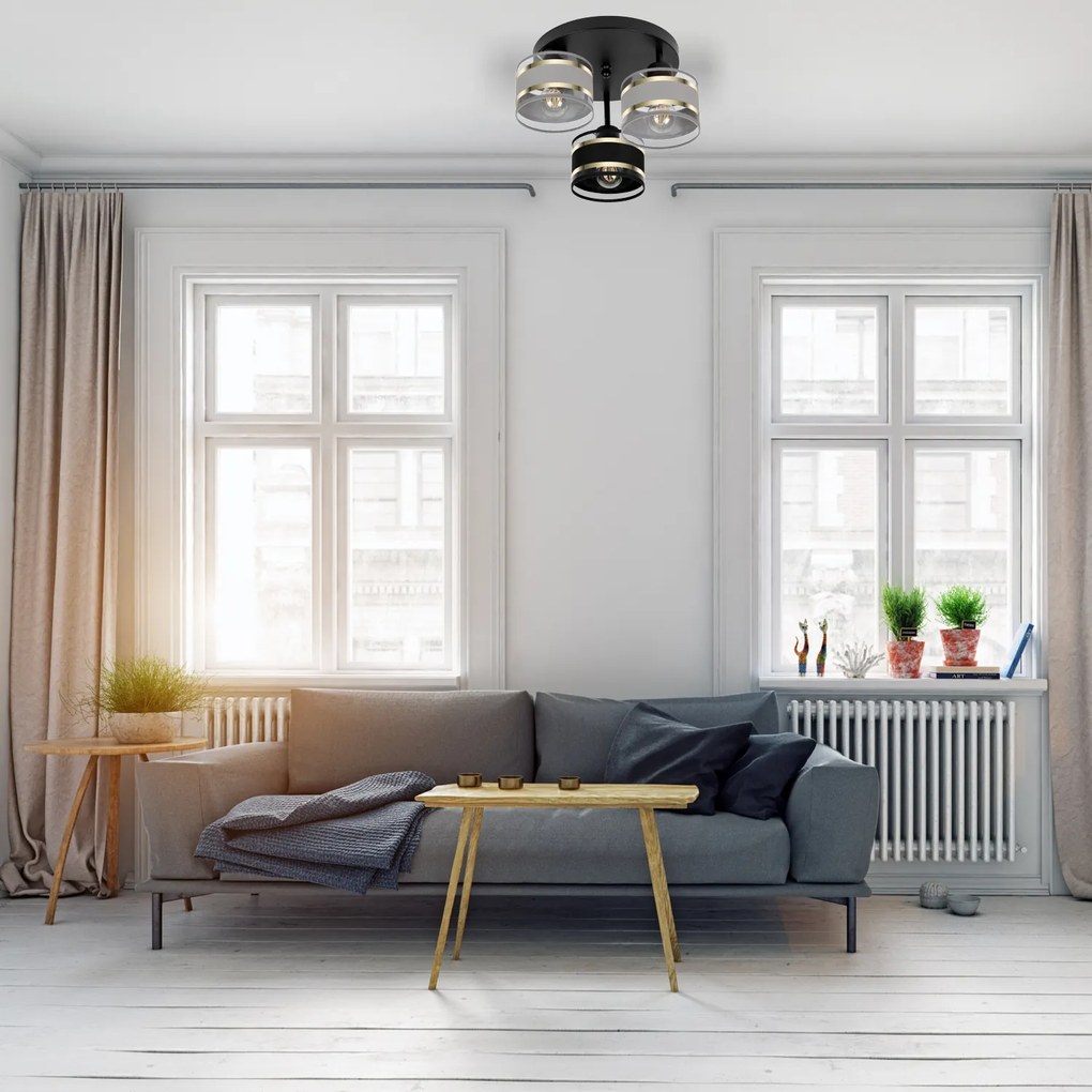 Lampa sufitowa czarna trzypunktowa z szaro-czarnymi abażurami T-3030SC