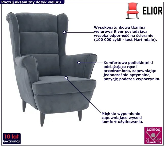 Ciemnoszary welurowy fotel do salonu - Risten